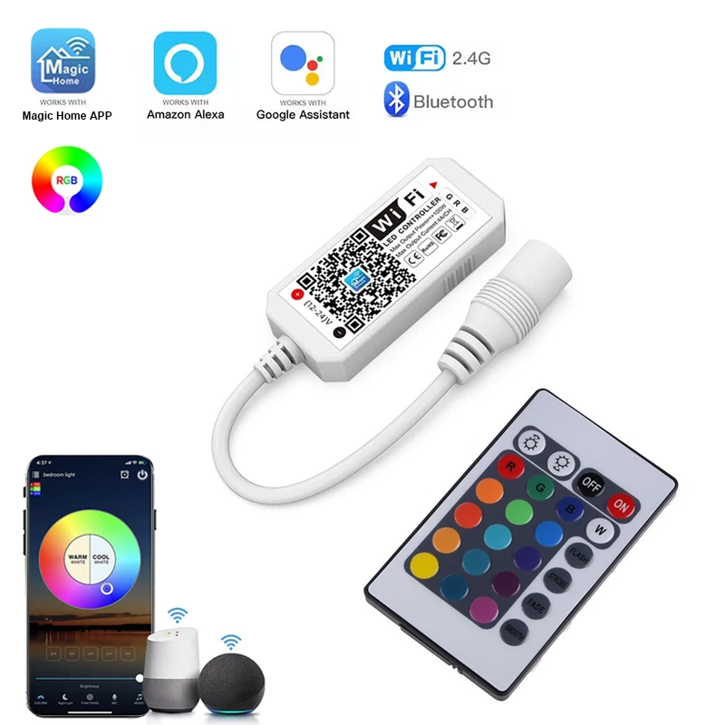 12V Smart Wifi Rgb Led Controller 24Key Remote Control Rgb Controller Work With Google Home Lights Controller For RGB Neon Light