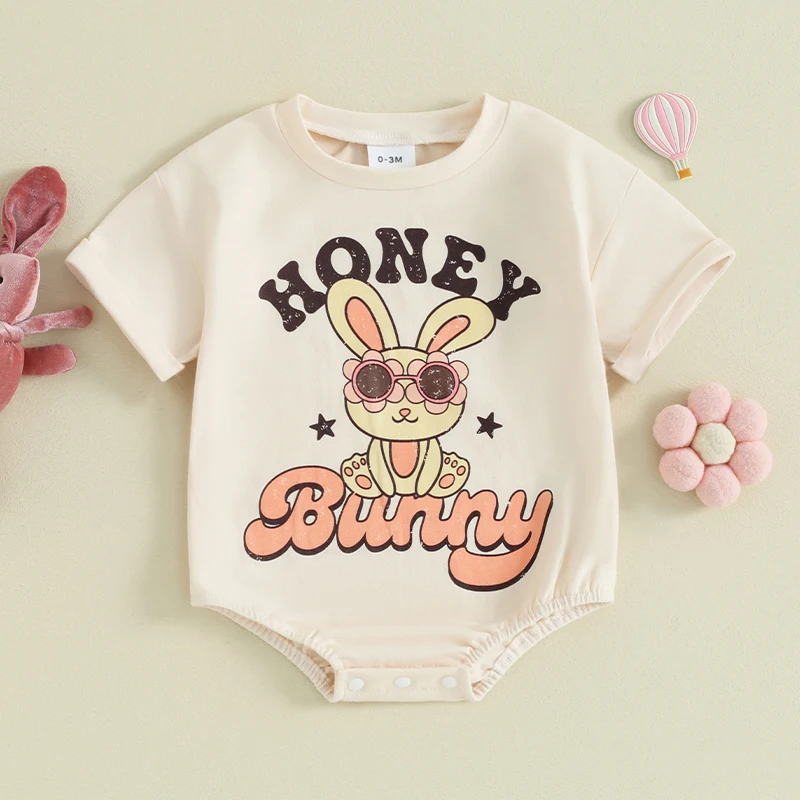 

2023-12-09 Lioraitiin 0-18M Baby Girls Boys Rompers Letter Rabbit Print Crew Neck Short Sleeve Bodysuits Casual Easter Clothes