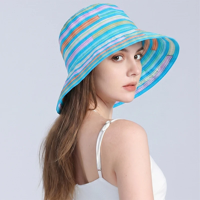 Summer Outdoor Sun Hat for Women Fashion Boater Hat with Colourful Stripes Outdoor Beach Sun Protection Hat