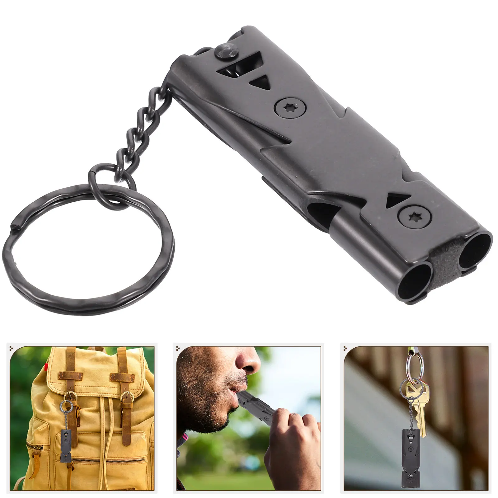 

Black Stainless Steel Dual Tube Whistle Outdoor Survival Emergency Loud Whistle Keychain Camping Hiking Training