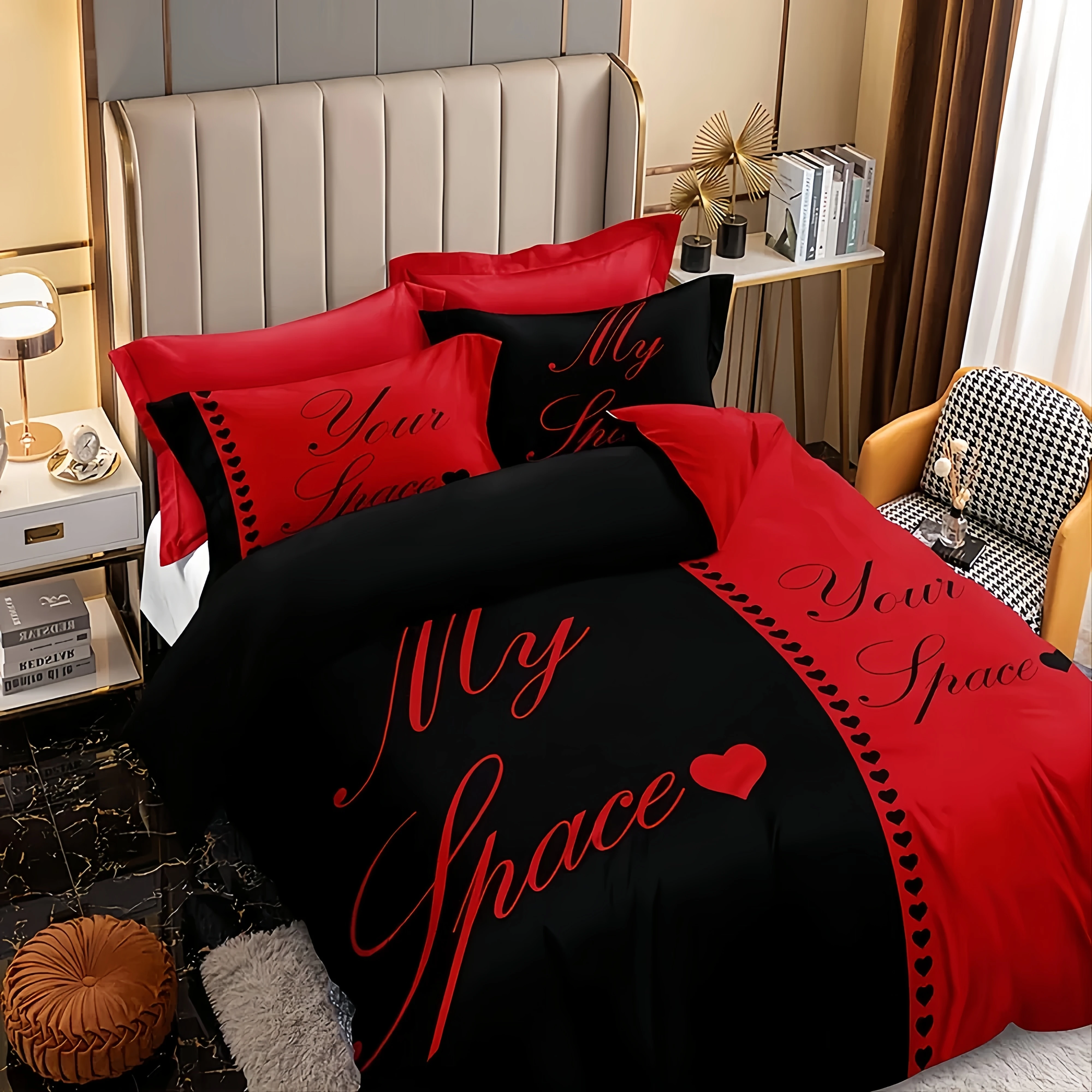 

Couples Bedding Set King Comforter Cover Set Gifts for Men Women Black and Red Duvet Cover Bed Sets for Couple Bedroom Decor