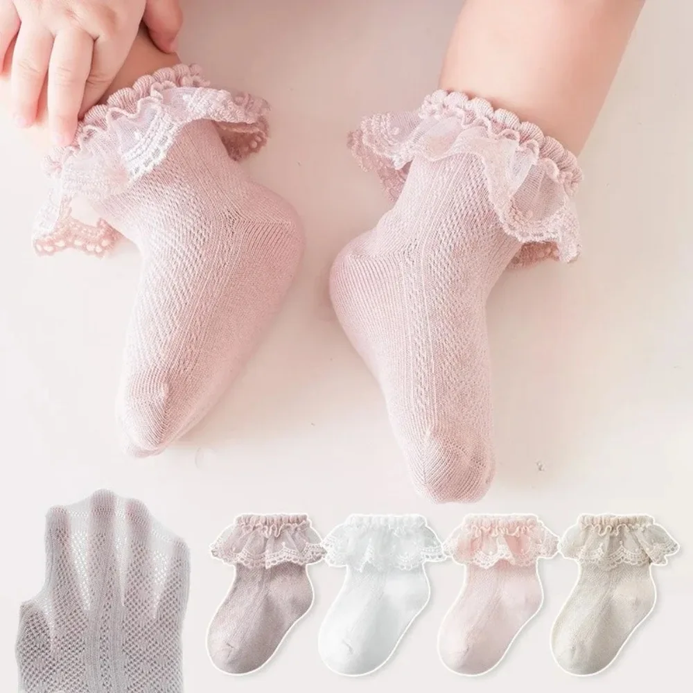 Newborn Baby Girls Socks Infant Toddler Cotton Lace Ruffle Princess Mesh Mid Calf Summer Thin Breathable Anti Slip Kids Socks