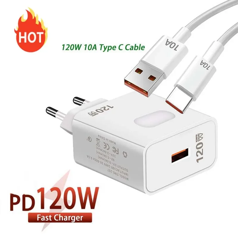 120W USB Charger Quick Charge 3.0 10A USB C Type C Charge Cable Fast Charging Adapter for iPhone 15 14 Xiaomi Samsung Huawei