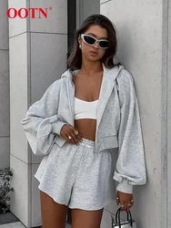 OOTN Gray Streetwear Sweatsuits Sweater Zipper Hooded And Baggy Shorts Two Pieces Sets Sporty Autumn 2024 Sweatshirts 2-Piece