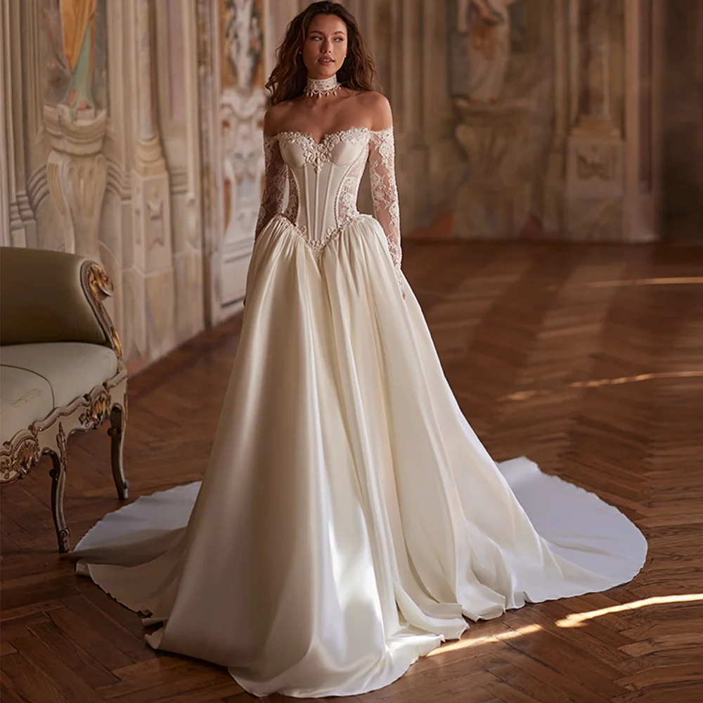 Elegant Boat Neck Long Sleeves Robe de mariée Customized Satin Bridal Gowns with Lace Up Back Delicate Appliques Wedding Dress