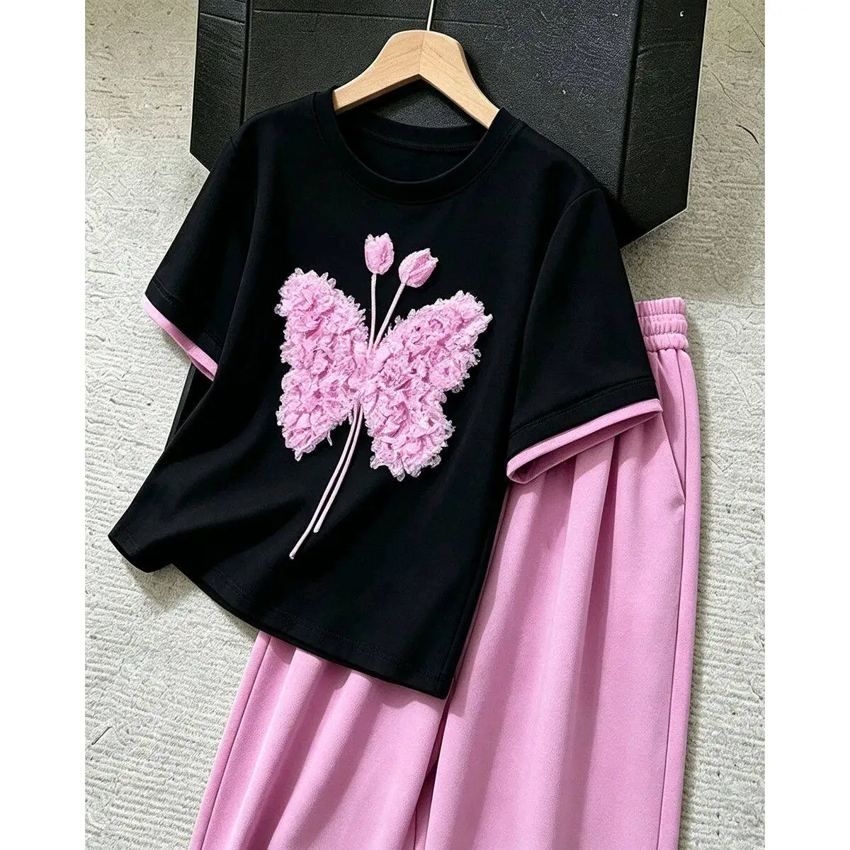  European Style Women's Summer 2026 New High Waist Wide Leg Pants Short Sleeve Two-Piece Set Slimming Effect