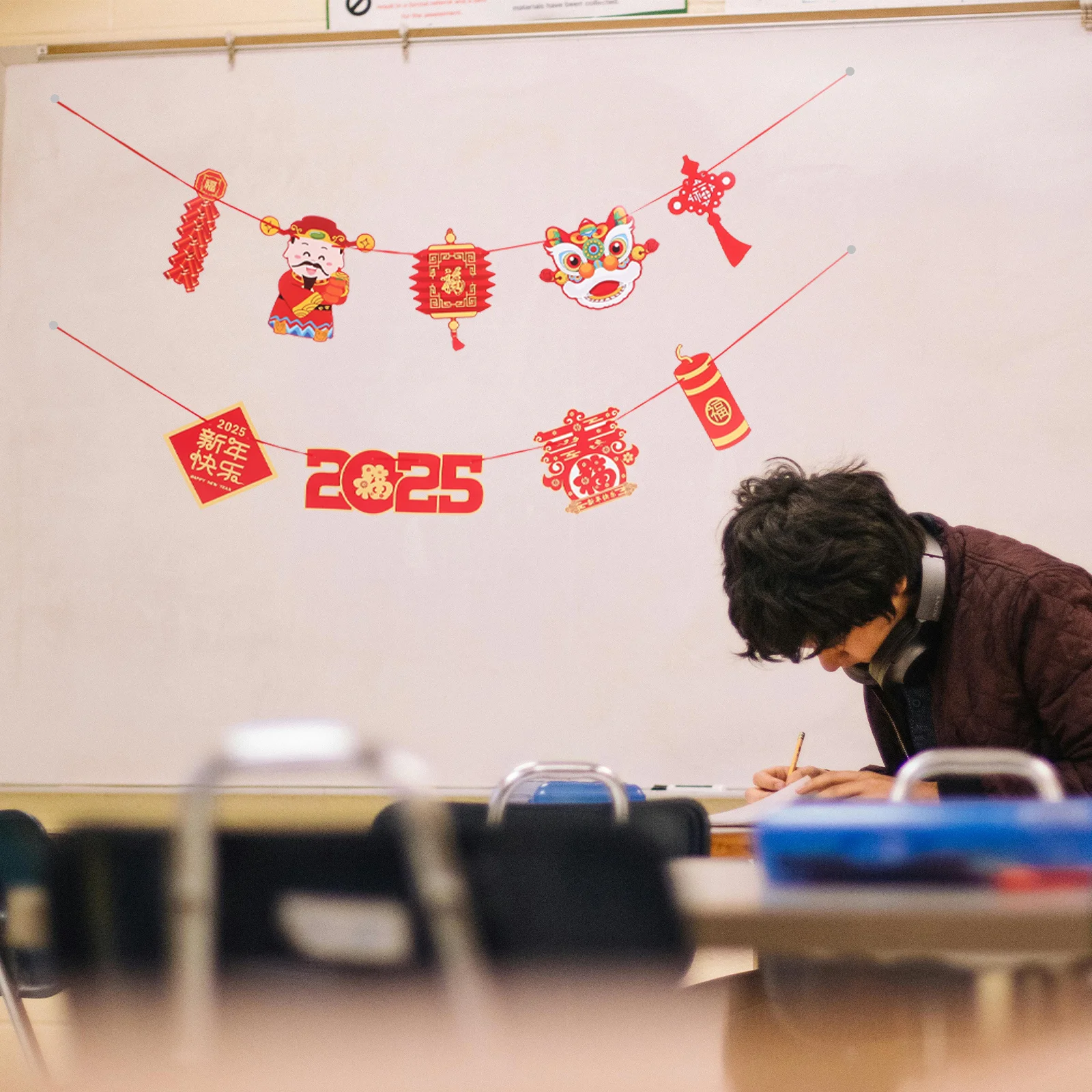 

1 Set Chinese New Year Decoration Banner Red Festive Lunar Party Wall Hanging Diy String Double-Sided Print For Home