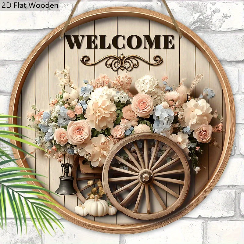 2D Flat, 2D Flat Two Wheeled Cart Flower Basket Wooden Sign - 1pc Welcome Literary Round Sign for Door Wall Porch Hanging Decor