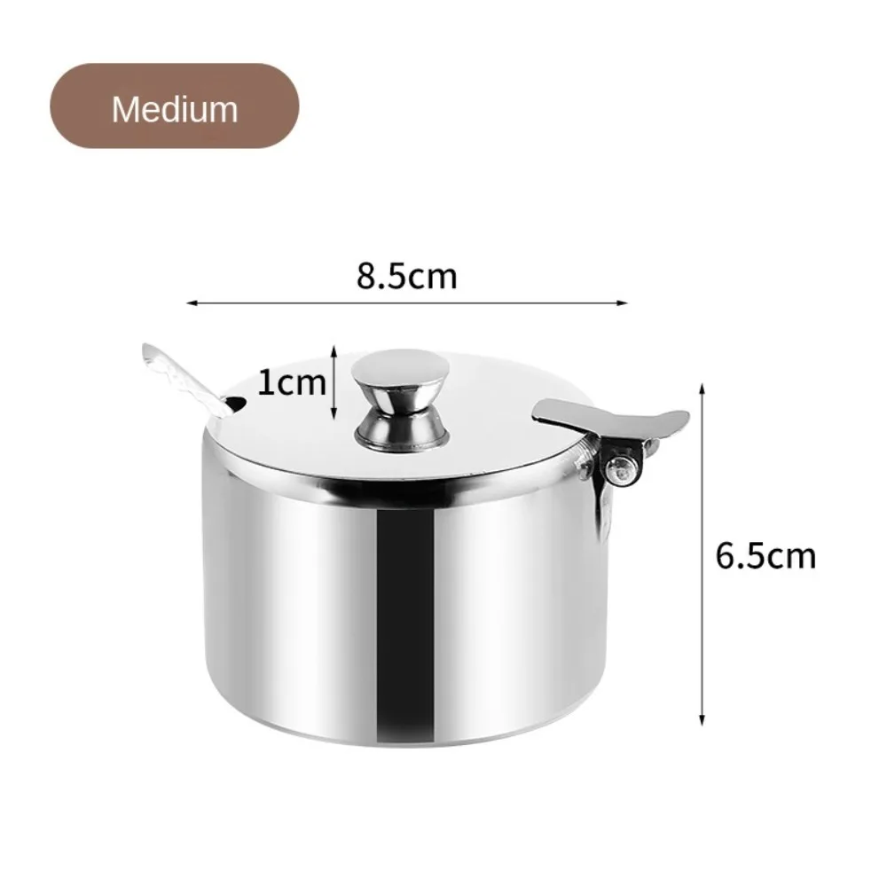 with Lid Spoon Sugar Bowl New Silver Stainless Steel Sugar Dispenser Spices Bowl Tea Sauces Coffee Jam images - 6