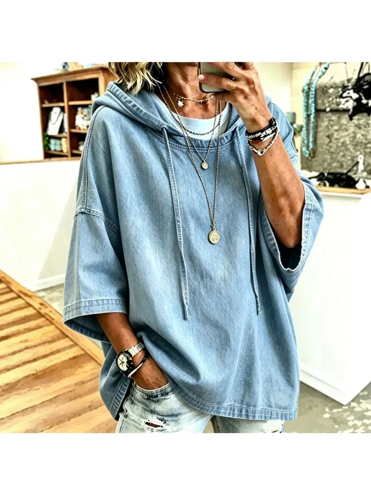 2026 New Denim Hoodie Three Quarter Sleeve Drawstring Loose Casual Pullover Women Streetwear ToP