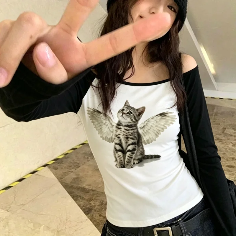 European and American cross border Autumn Women Sweet Cool Cat Print Solid Long Sleeve T Shirt Slim Fit Harajuku Inner Top