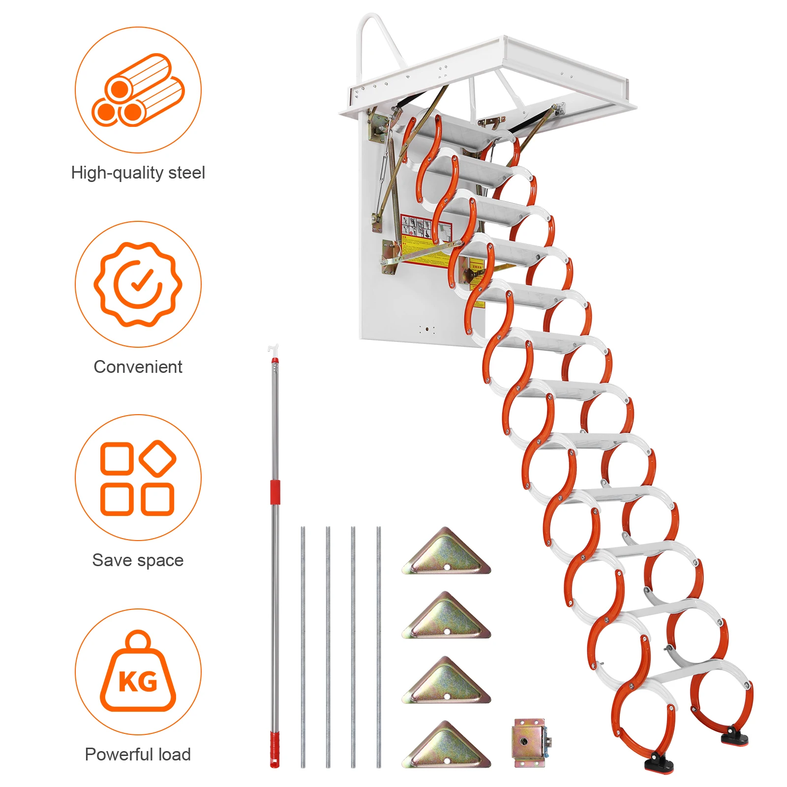 Attic Stairs Pull Down 12 Steps, 10.17FT Retractable Alloy Attic Folding Stairs Loft Ladder Wall Mounted with Pull Rod
