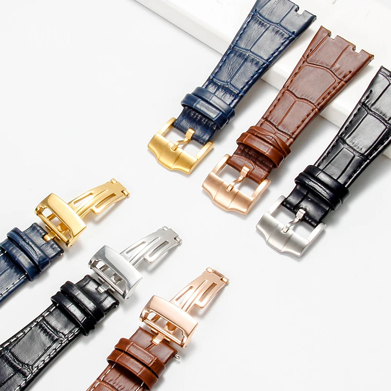 Untuk Audemars Piguet Royal Oak Gelang Jam Kulit Sapi 26Mm Gesper Baja Padat Antarmuka Cekung Ganda Aksesori Tahan Air Tahan Lama