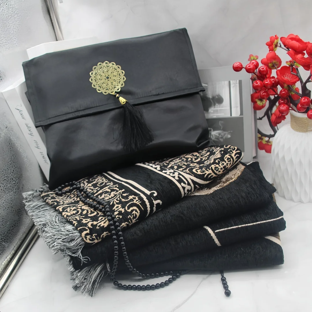 Printed Black Tianfang Chenille Prayer Rug, 99-Bead Prayer Beads, Imitation Silk Hand Storage Bag, Home & Travel Prayer Mat