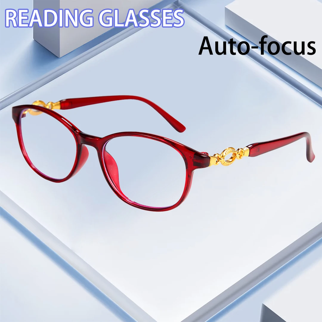 Fashion Simple Auto-Focus Blue Light Blocking Oval Reading Glasses, Metal Hinges, Unique Decorative Temples, Versatile Style