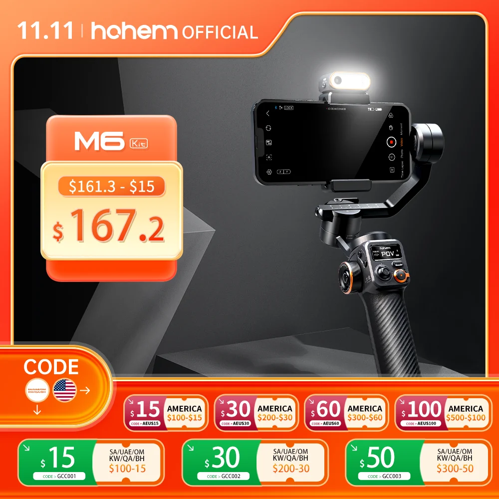 

Комплект Hohem-iSteady M6 Gimbal для смартфона, 3-осевой подвес, AI Tracker, Fill Light, для iPhone 16 Pro Max и стабилизатор Android