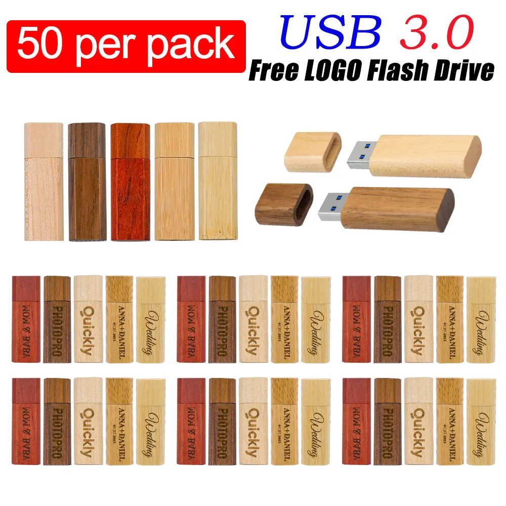 50PCS LOT Wooden USB 3.0 Flash Drive 128GB Free Custom Logo Memory Stick Creative Gift Box Pendrive 32GB Real Capacity U Disk
