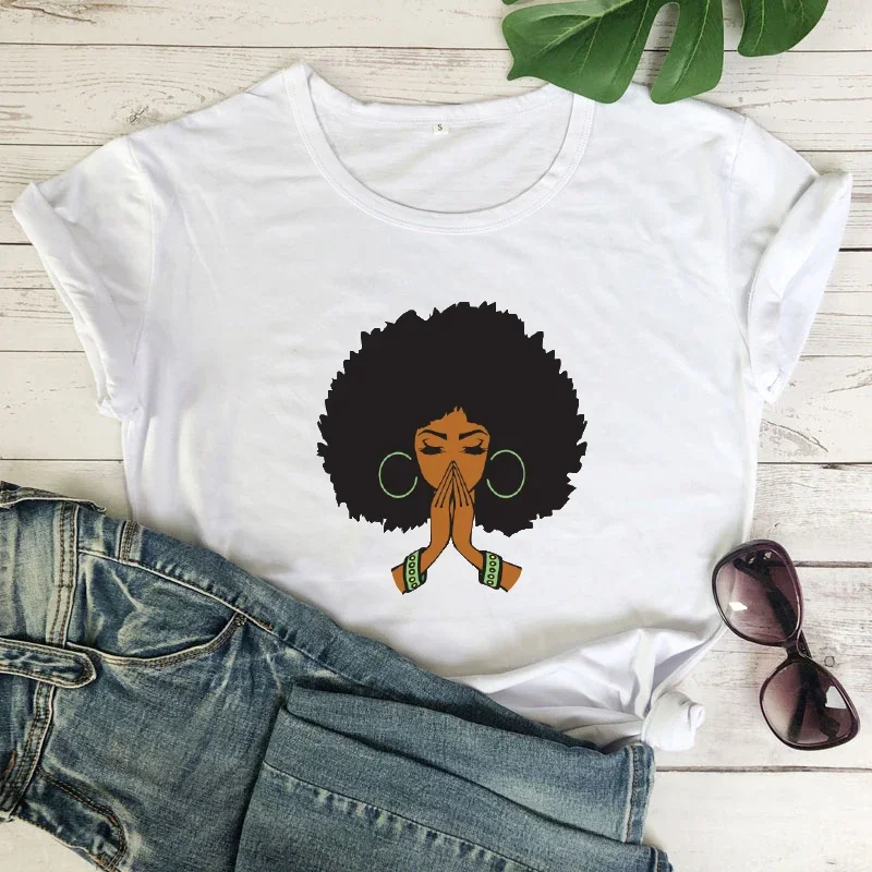 Y2k Short Sleeves T-shirt Colored Black Woman Praying Top  Aesthetic Black Queen Afro Hair Trendy Beautiful African Graphic Tee