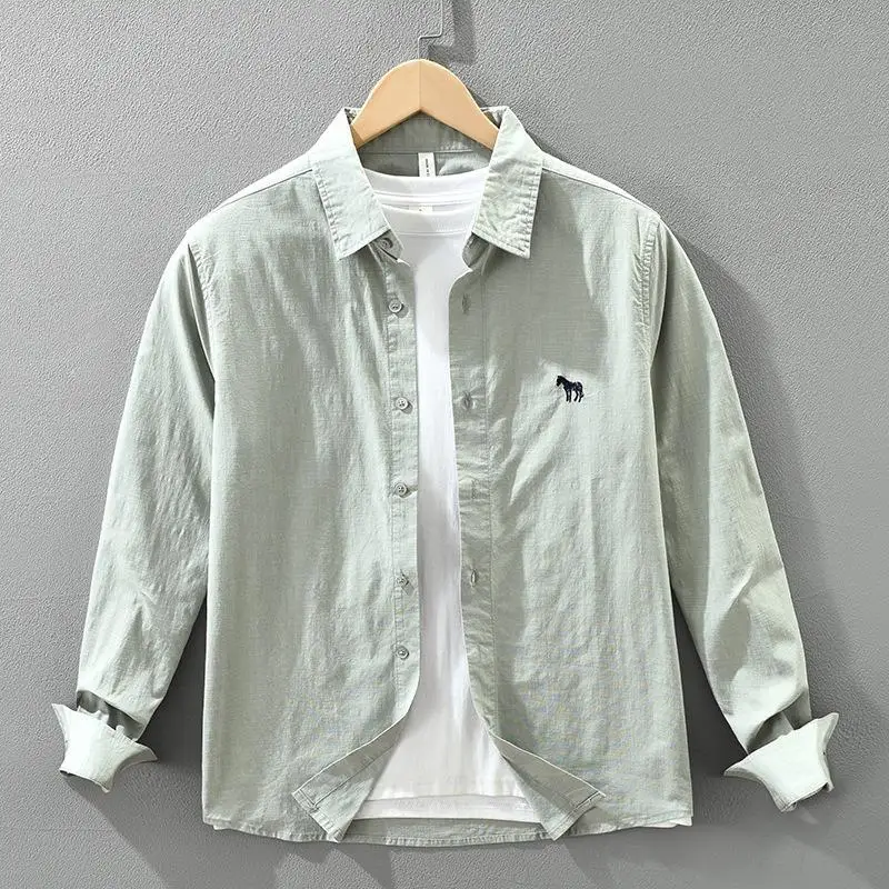 

Embroidered Long Swedish Shirt Men's Top Pocket Detail Iron-Free Daily Wear Non-Shrinking Standard Thickness Summer Fashion