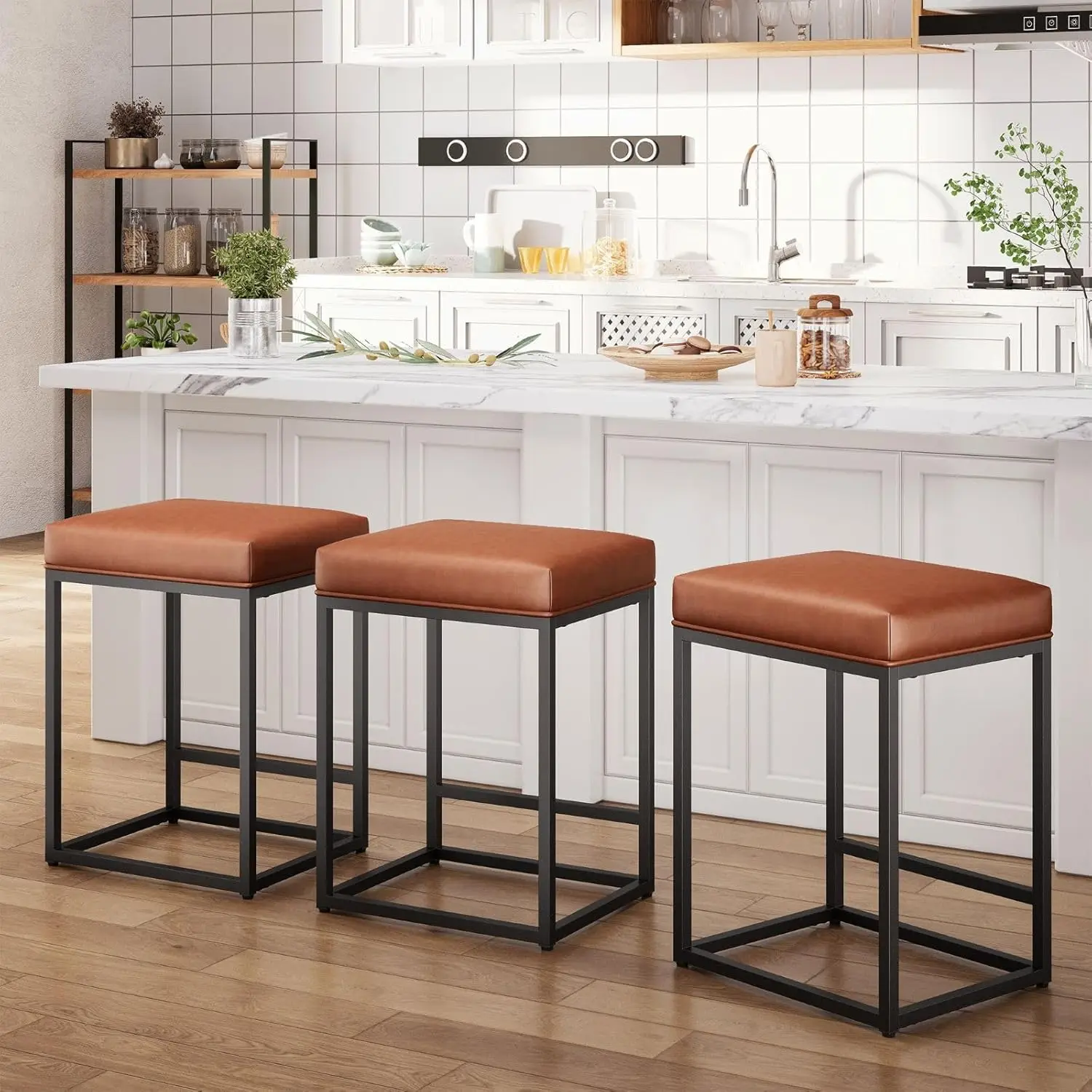 

24" Bar Stools Set of 3, Counter Height Bar Stools for Kitchen Island,Modern PU Leather Backless Barstools, Upholstered Count