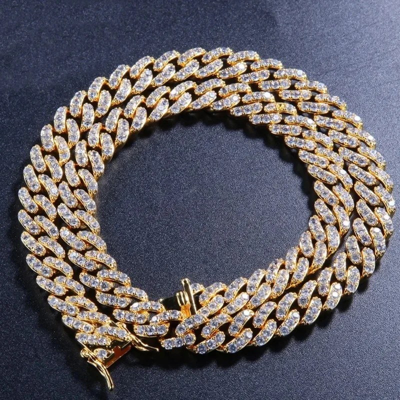 Full Crystal Stone Cuban Chain 1 PCS Necklace Gold Color Hiphop Style Men\'s Necklace Street Wear Jewelry