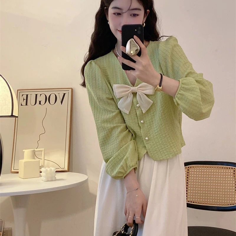 Korean Bow Patchwork Thin Blouse Spring Autumn New Long Sleeve V Neck Solid Color Sweet Shirt Tops Fashion Trend Women Clothing