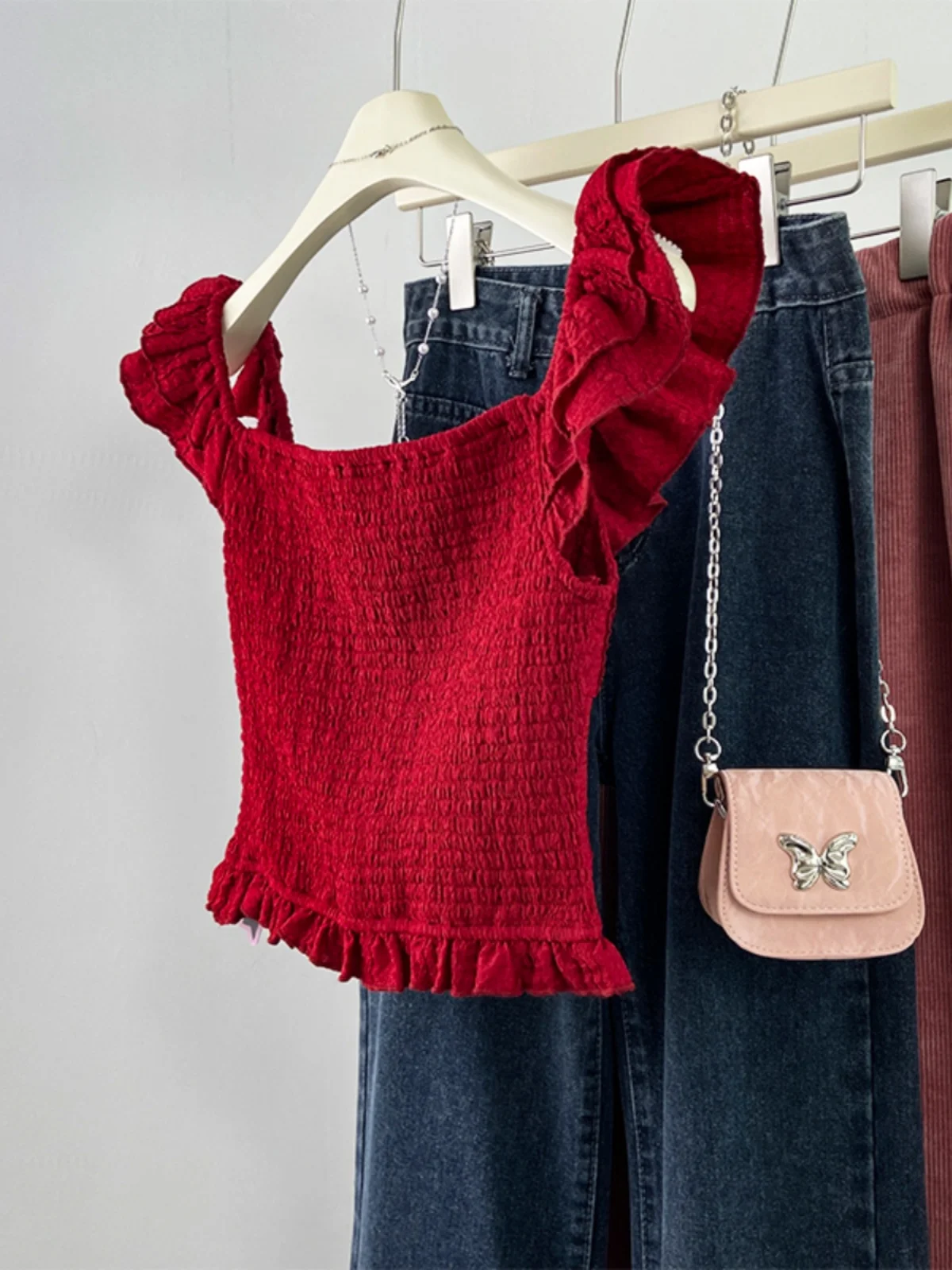 Sweet Sle Gilet con cinturino in pizzo rosso con nodo Slim Fit Svel Summer New Sle INZEVUKA Top casual Faion da donna