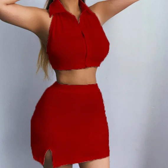 Zweiteiliges Damen-Outfit mit Neckholder, ärmelloses Crop-Top + figurbetonter Minirock, Set für den Sommer, sexy Party-Clubwear, mehrfarbig – Detail 11