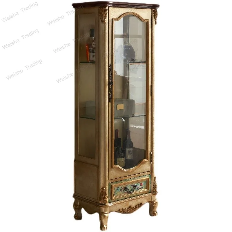 Painted solid wood wine cabinet glass European living room is old and displayed against the wall