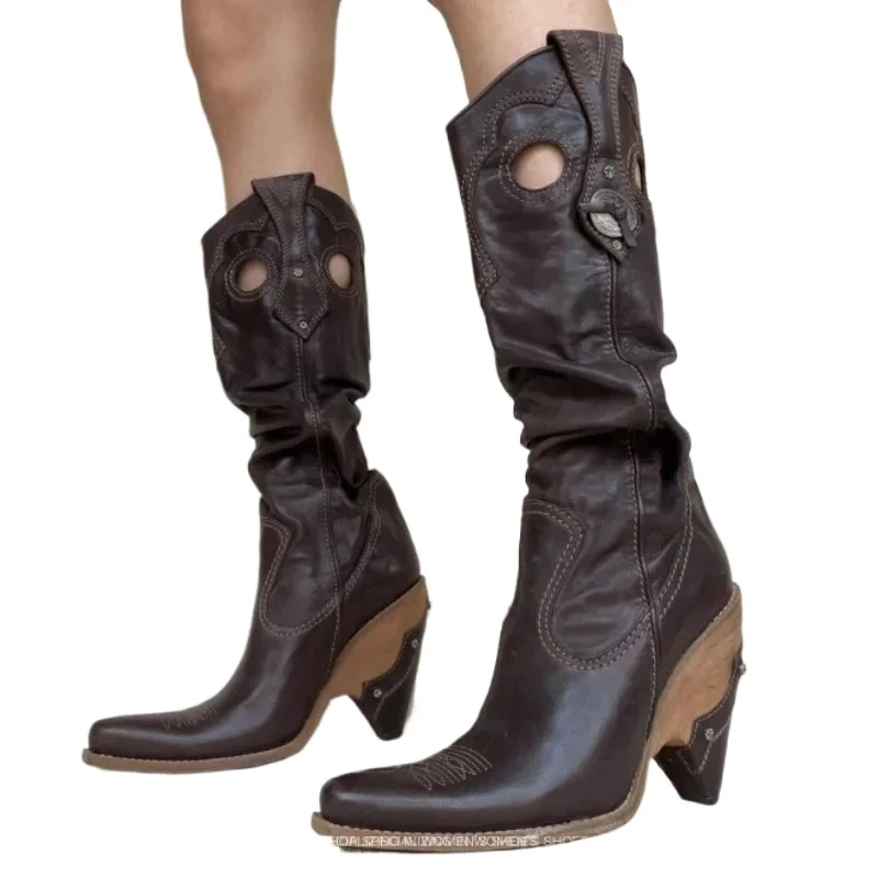 

Модные коричневые женские ковбойские сапоги из мягкой кожи, сапоги до колена на массивном каблуке, осенние плиссированные сапоги в стиле ретро с металлическими заклепками