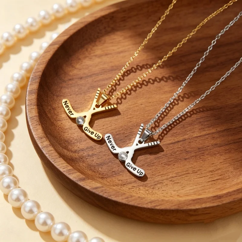 1pc Ice Hockey Stick Puck Pendant Necklace Steel Gold Color Tone Black Etched Cubic Zirconia Stainless Steel Necklace