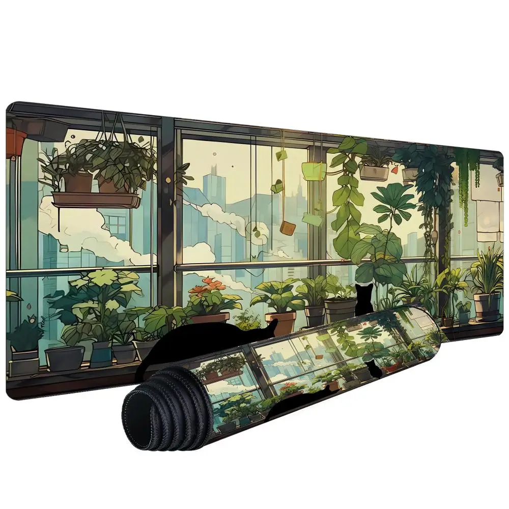 

Большой коврик для мыши и клавиатуры с изображением милого кота на подоконнике, XXL, резиновый, нескользящий, прошитый, для компьютера, офиса, игрового стола, длинный настольный коврик