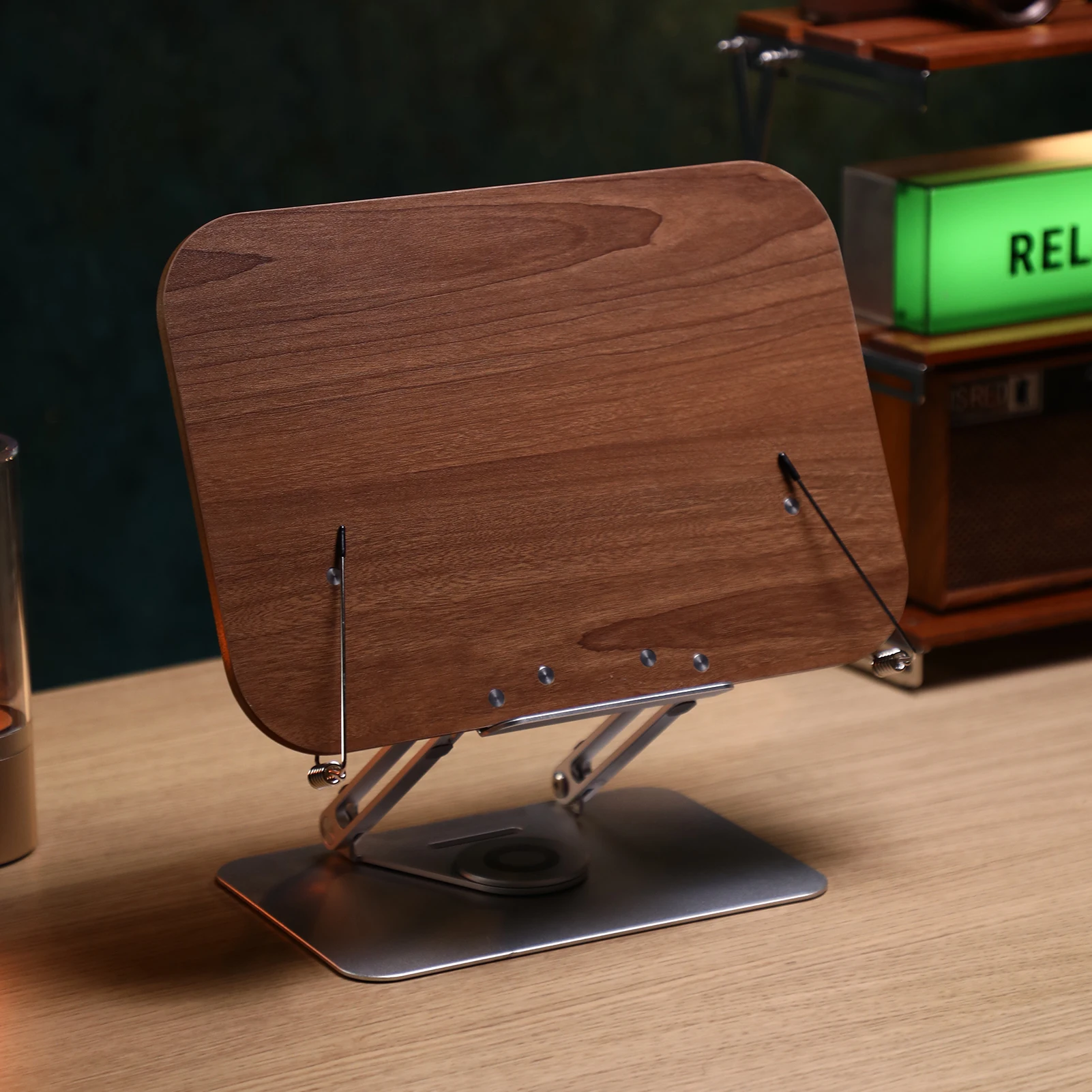 Bisofice Desktop Book Stand for Reading with 360° Rotating Base Wooden Panel & Page Clips Foldable and Angle for Textbook