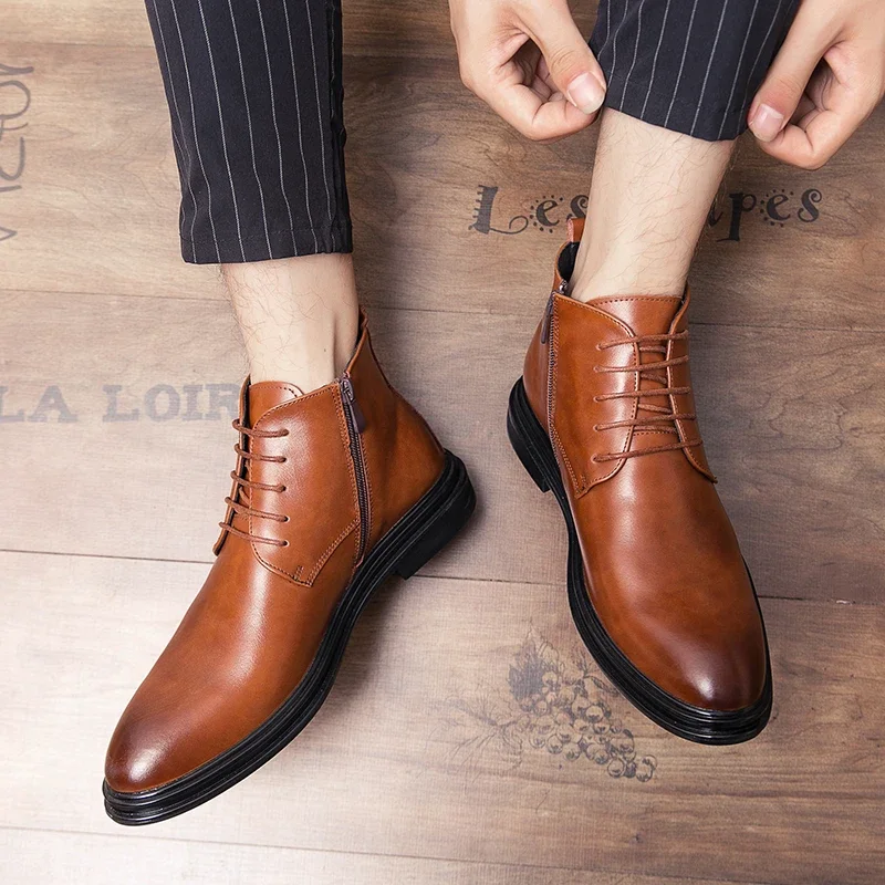 Men Round-toe Low-heel Leather Ankle Boots With Lace-up Design And Side Zipper For Business