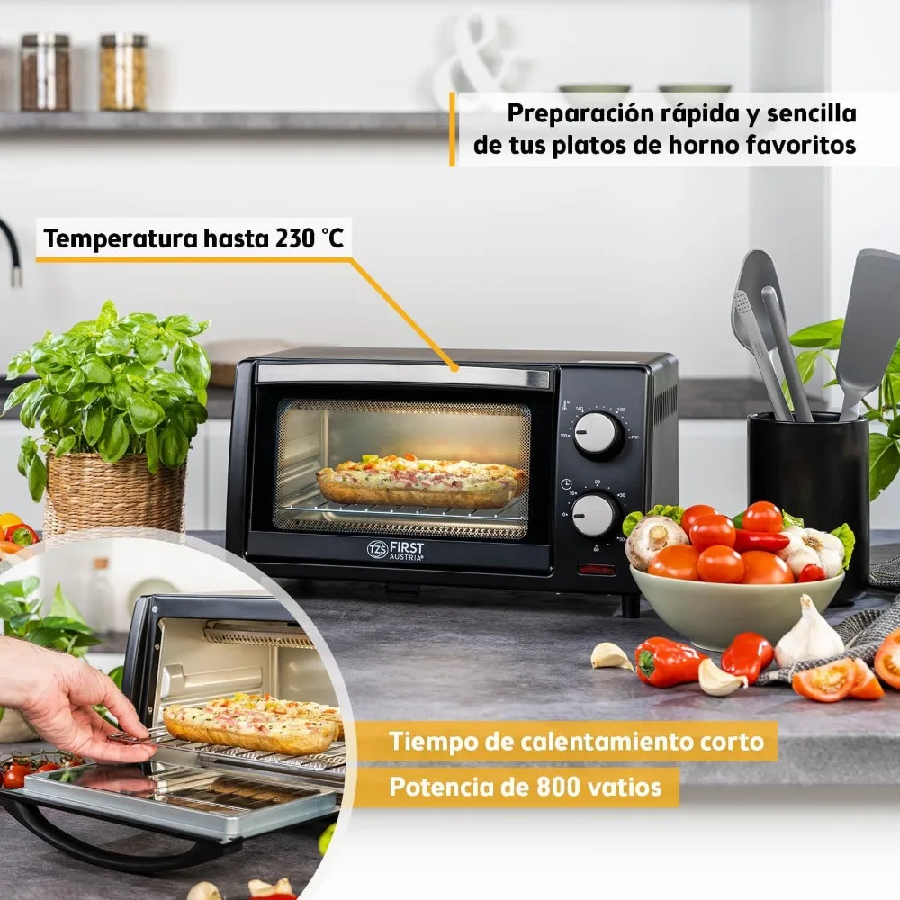 فرن صغير 10 لتر 800 وات من TZS First Austria - التحكم في درجة الحرارة حتى 230 ° C، مؤقت لمدة 60 دقيقة، ارتفاع الرف المزدوج