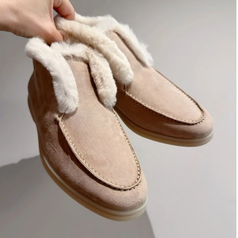Schneestiefel Damen Hochwertige Pelzstiefel Wollstreifen Warme Damenschuhe Modische Luxus Echtleder Knöchelstiefel Winter Damen