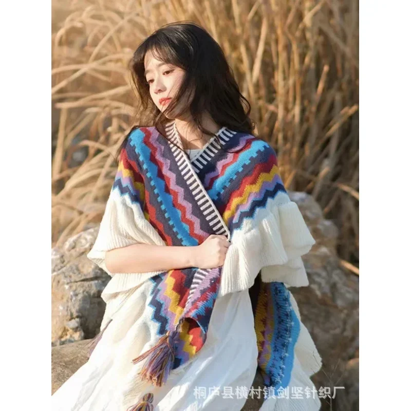 Women Autumn Winter Bohemian Faux Cashmere Ethnic Style Long Thick Poncho Shawl Female Big Pendulum Loose Cloak Coat MN12