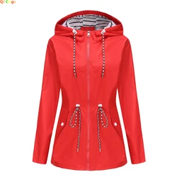 Red Waterproof Hooded Jacket, Women Fashion Casual Coat, Waist Drawstring Tie Zipper Switch Blue Green Yellow Black Windbreaker