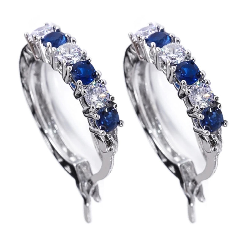 ZB Classy Princess Blue Sapphire and White Diamond Hoop Earrings All-match Surprise Gift for Girlfriend Daily Wear