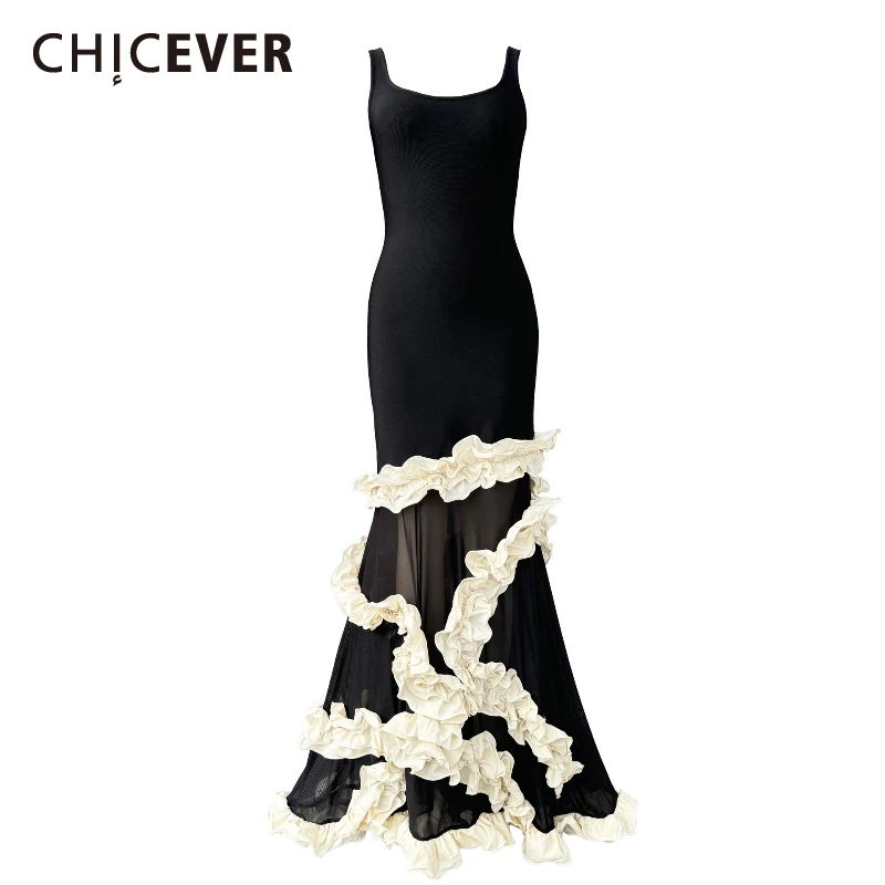 CHICEVER Chic Patcwork Fungus Evening Dress for Women Square Collar Sleeveless High Waist Sheer Mesh Floor Length Dresses Female