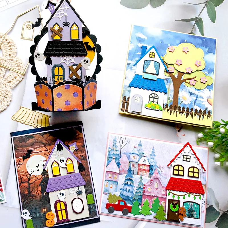 House Cottage Tree Garland Metal Cutting Dies Carbon Steel Die Cuts Stencil for DIY Scrapbooking Journal Christmas Card Making