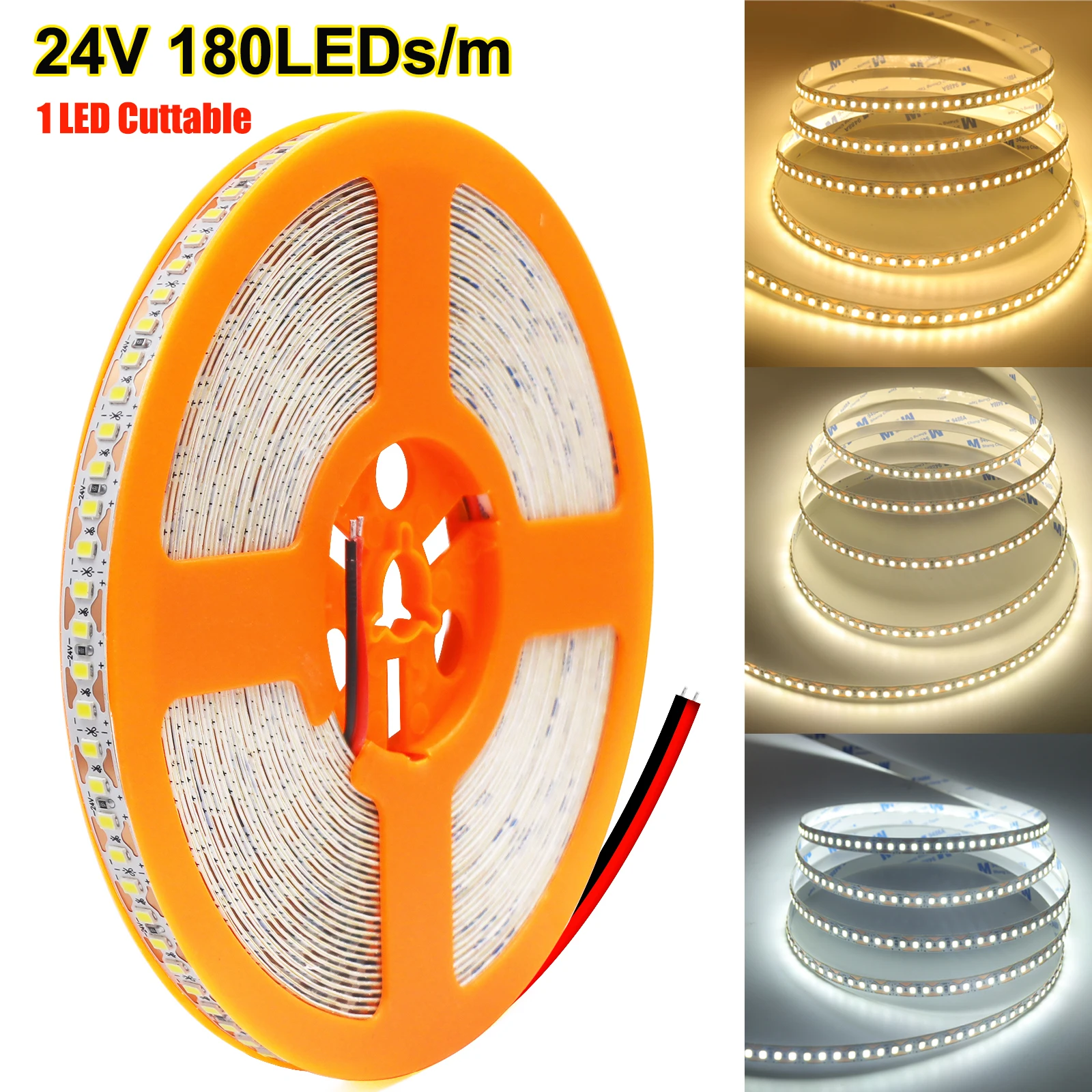 24V 5m 10m/Roll LED Strip Light High Bright 180LEDs/M 2835 8mm 3000K 4000K 6500K RA90 1 LED Cut Flexible Tape Ribbon Home Decor
