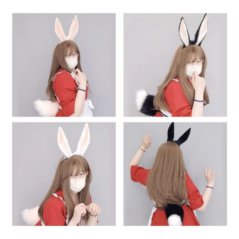 Girls Cosplay Plush Hairband Long Rabbit-Ear Headband Lolita-Style Headhoop/Tail M6CD