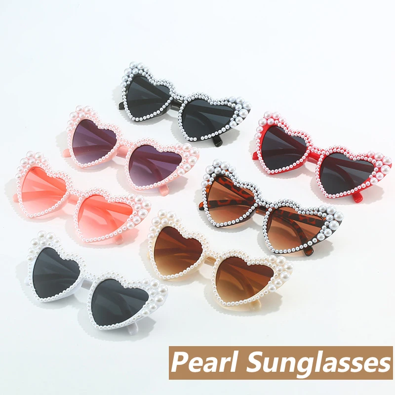 

Party Cute Pearl Outdoor UV400 Sunglasses for Women Luxury Brand Designer Heart-shaped Frame Goggles Sun Shades Eyeglasses