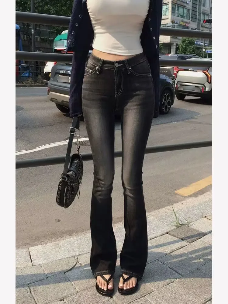 

Low Waist Bell Bot Jeans Women's Elastic Cotton Denim Slim Fit Sle Korean Version Faded Blue Ladies Long Pants