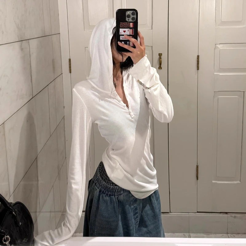 

Autumn Korean Fashion Y2k Preppy Style Pullover Chic Slimming High Street Hooded Design Retro Tops Women's Clothing Trend 2025
