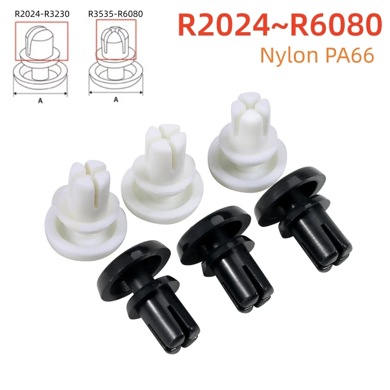 100pcs Nylon Rivet R2024-R6080 White/Black R Type Nylon Plastic Press Rivet Clip Expansion Tube Anchor Plug for PC Board Fix
