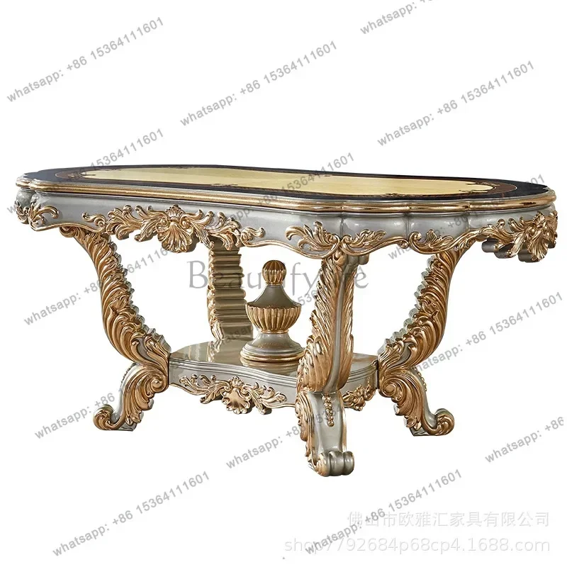yj7 FGEuropean-style all-solid wood long dining table large apartment villa luxury American champagne sticker gold foil oval