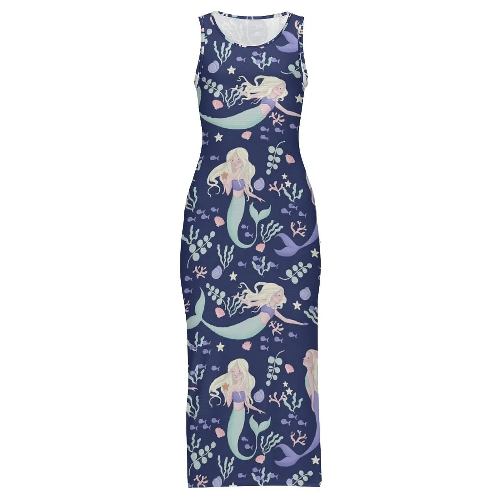 Mermaids Swimming Bodycon Dress Summer Floral Print Retro Maxi Dresses Woman Sleeveless Design Street Fashion Dress Big Size 4XL