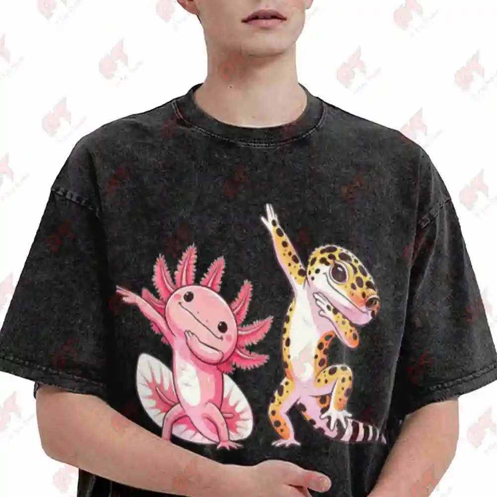 Kawaii Leopard Gecko Axolotl Vintage Washed Tee Pure Cotton T-Shirt